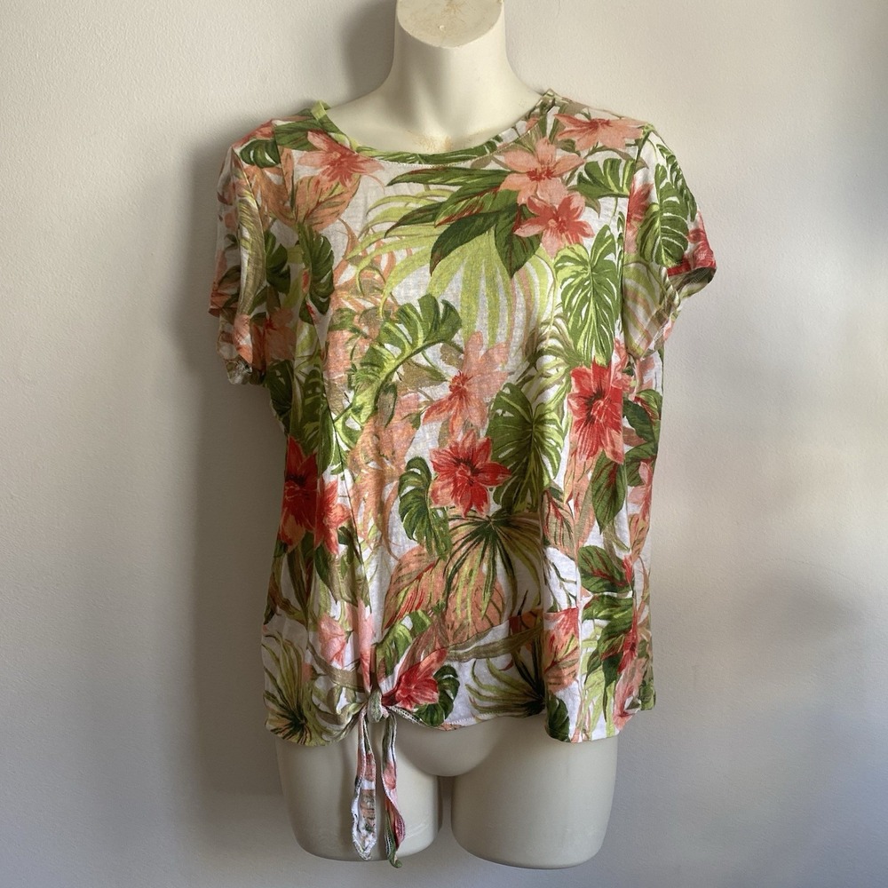 J Jill Womens Green White Floral Love Linen Top Short Sleeve Tie Petite Medium